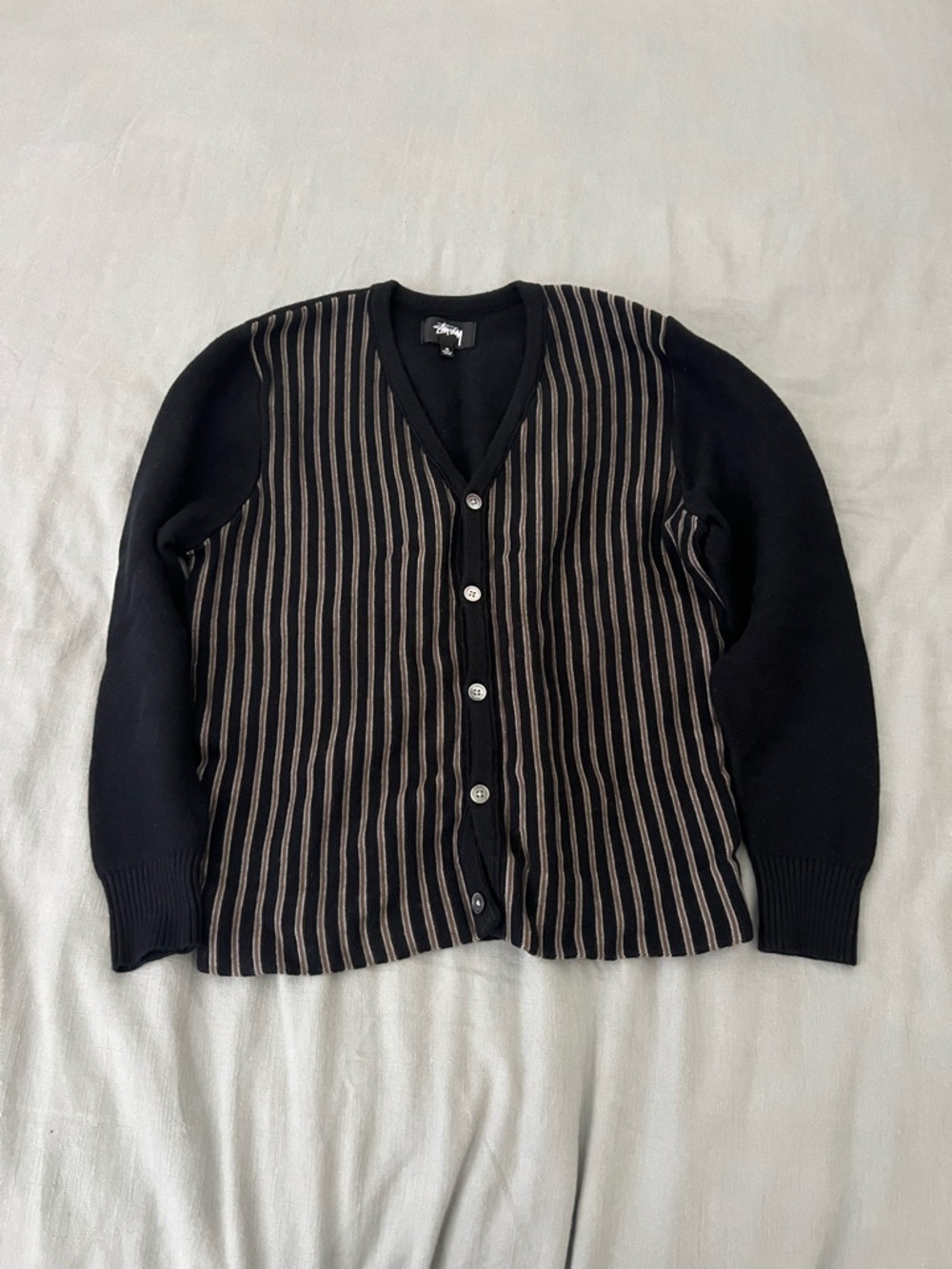 Stussy Black Cardigan with Tan Vertical Stripes